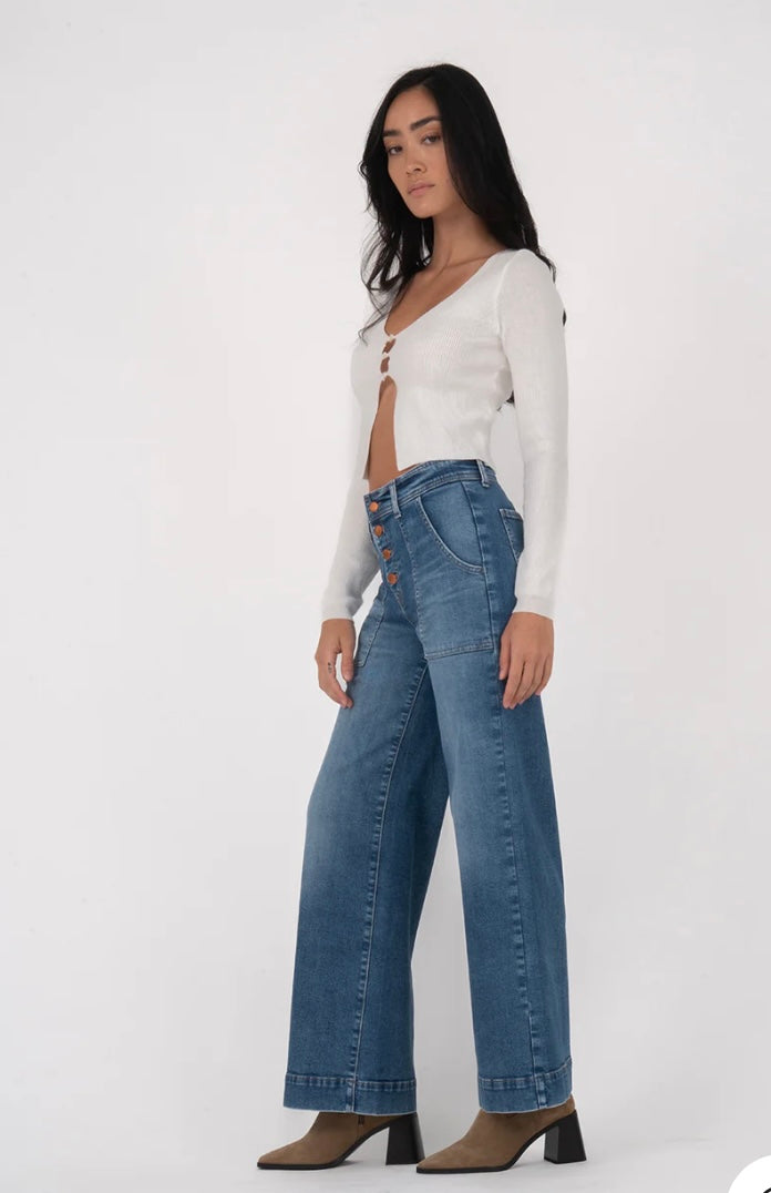 Level 99 Camille Exposed Button Wide Leg