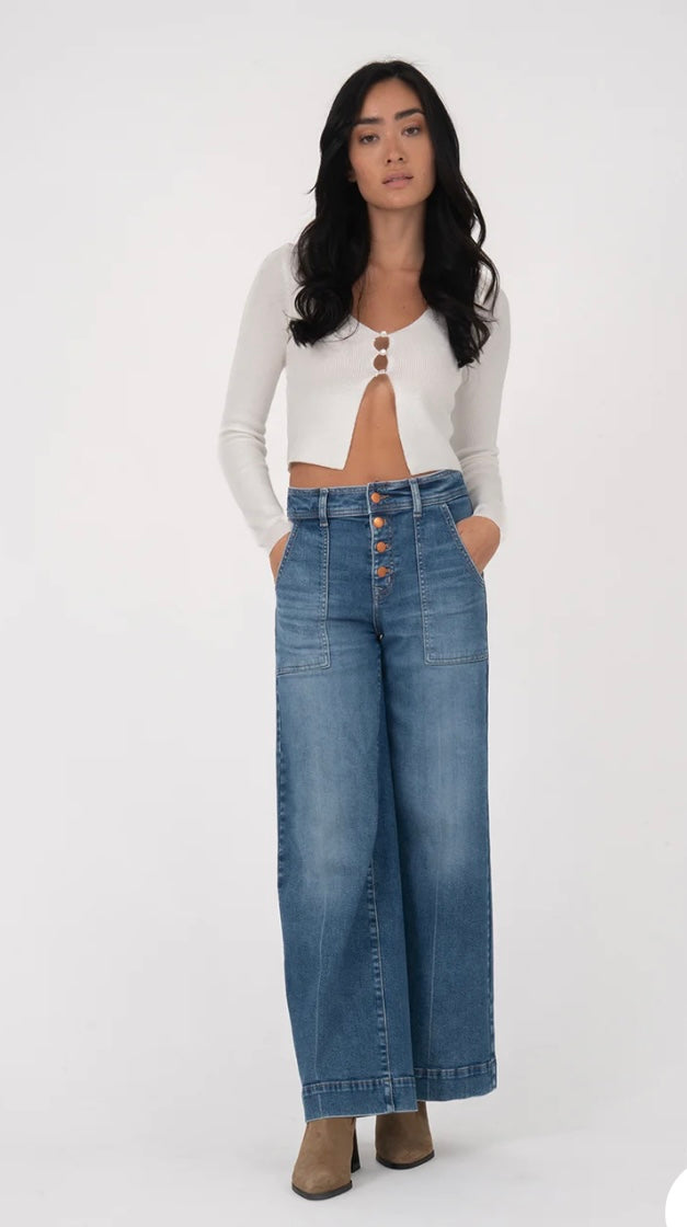Level 99 Camille Exposed Button Wide Leg