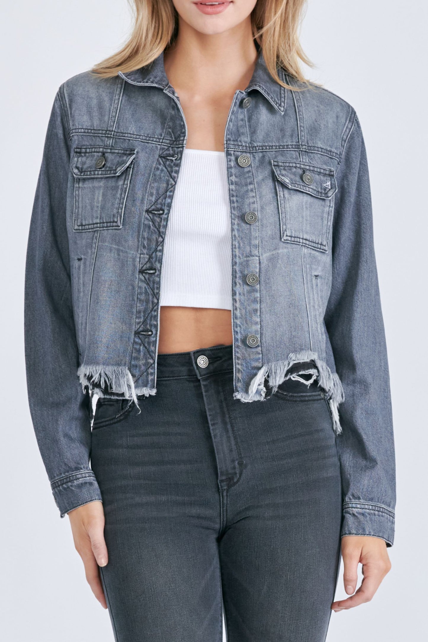 Hidden Distressed Denim Jacket