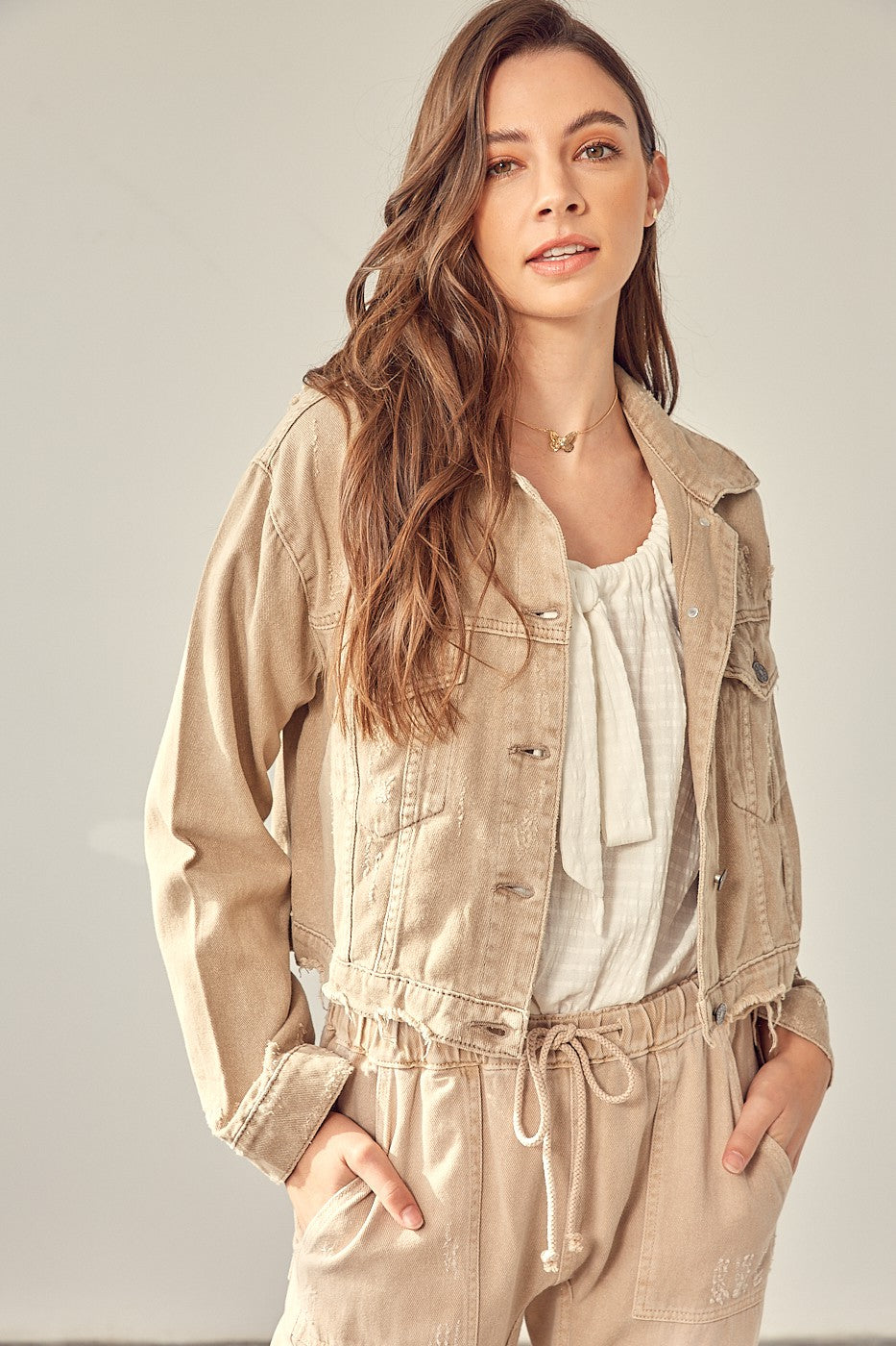 Taupe Distressed Denim Jacket