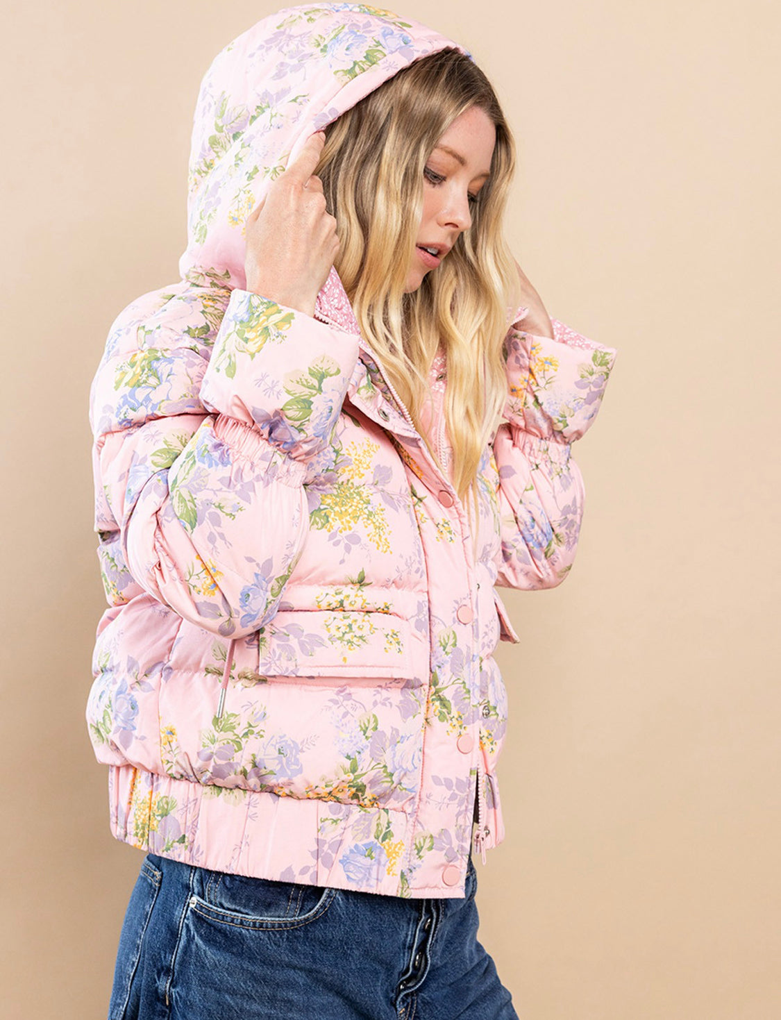 Blue Floral Print Puffer Jacket